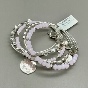 Alex And Ani Bracelet Set Pink Silver Tone Love You More Bangle Beaded Heart